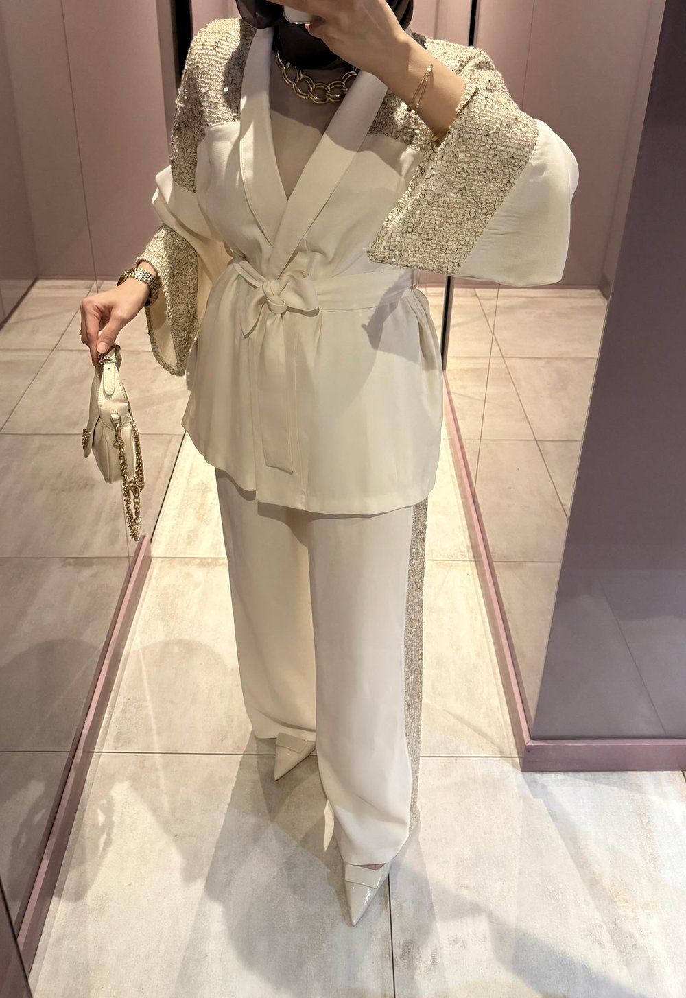Pullu File Detaylı Tasarım Kimono Takım -Ekru