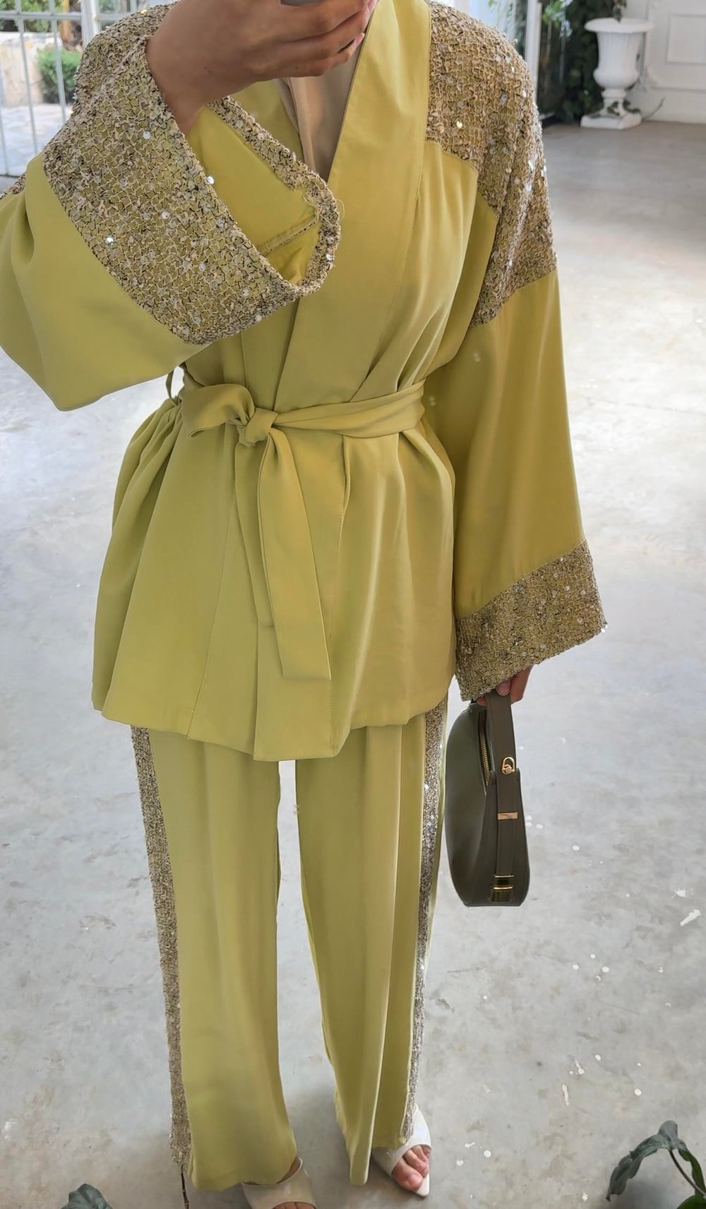 Pullu File Detaylı Tasarım Kimono Takım -Olive 