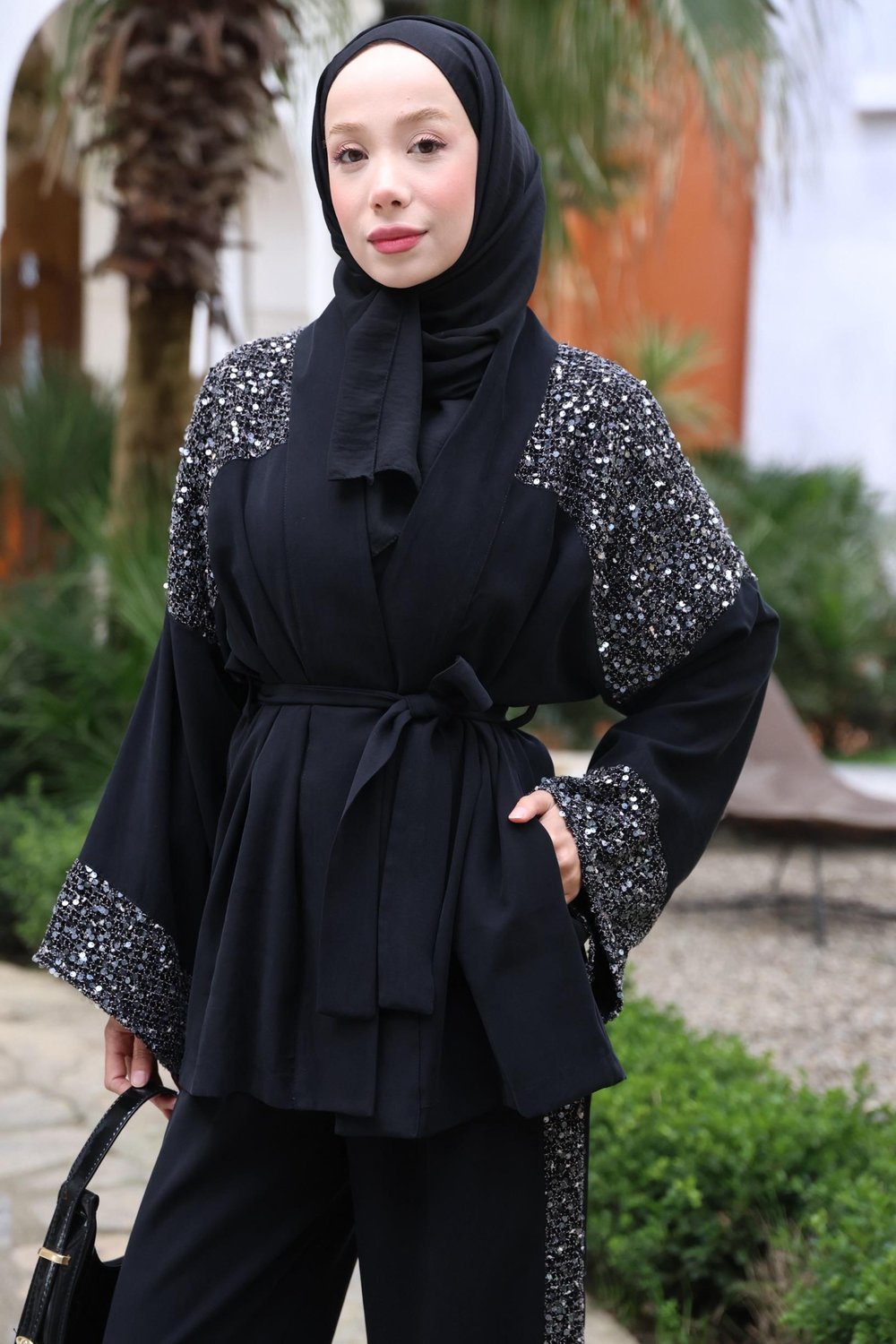 Pullu File Detaylı Tasarım Kimono Takım -Siyah 