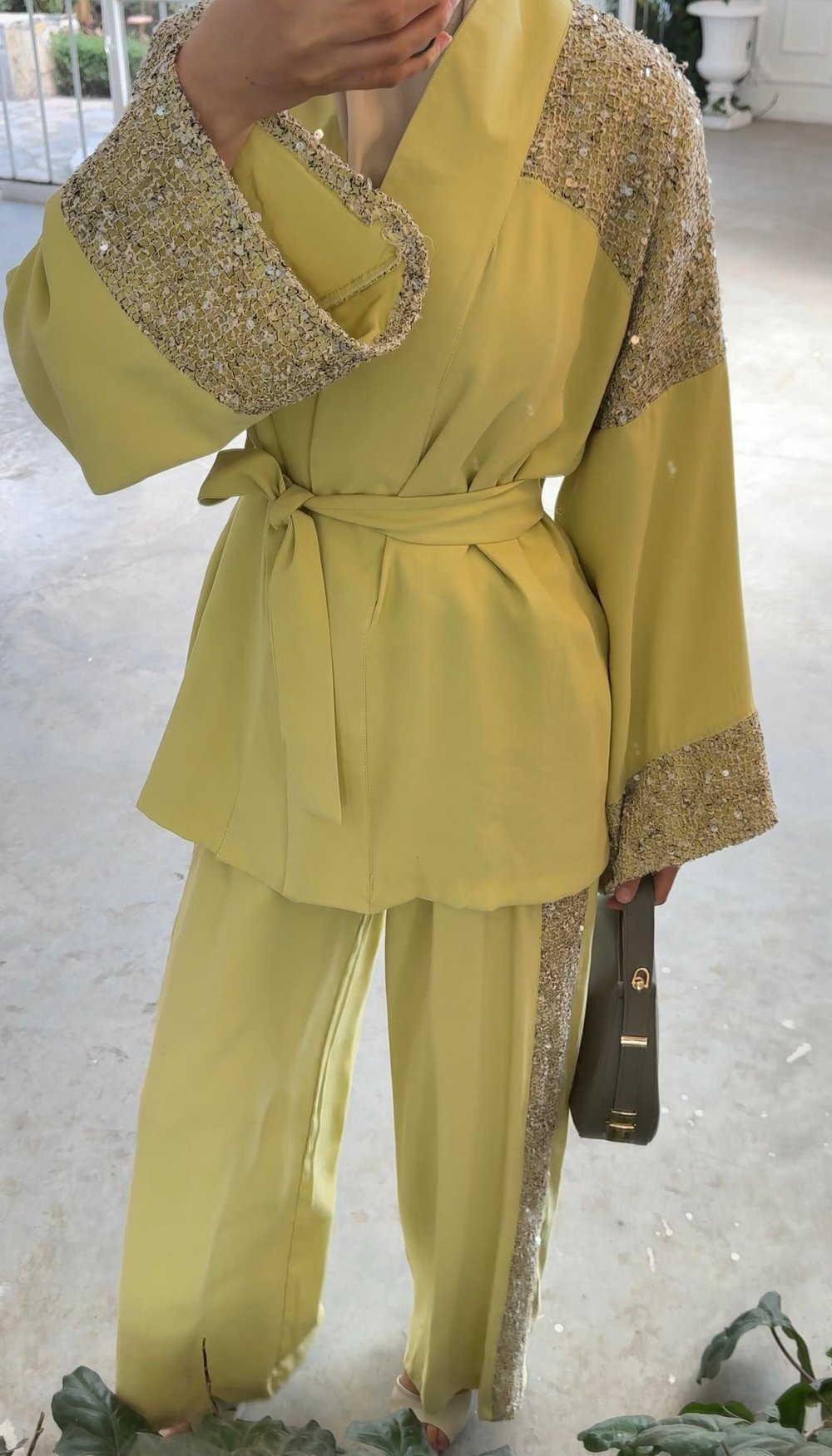 Pullu File Detaylı Tasarım Kimono Takım -Olive 