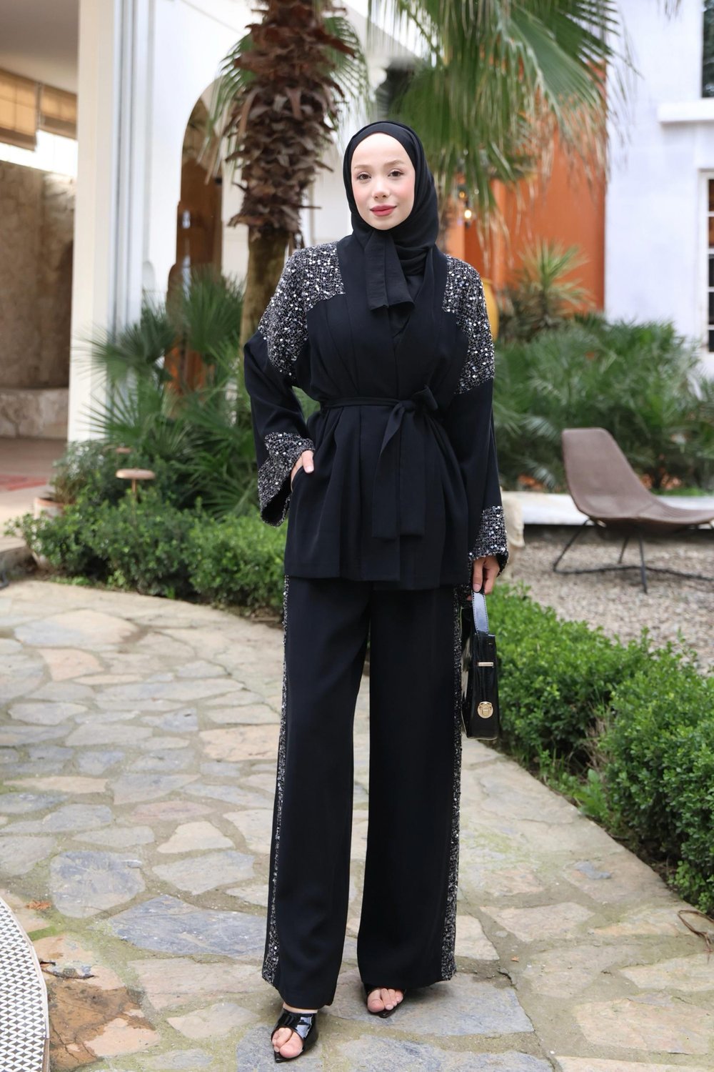 Pullu File Detaylı Tasarım Kimono Takım -Siyah 