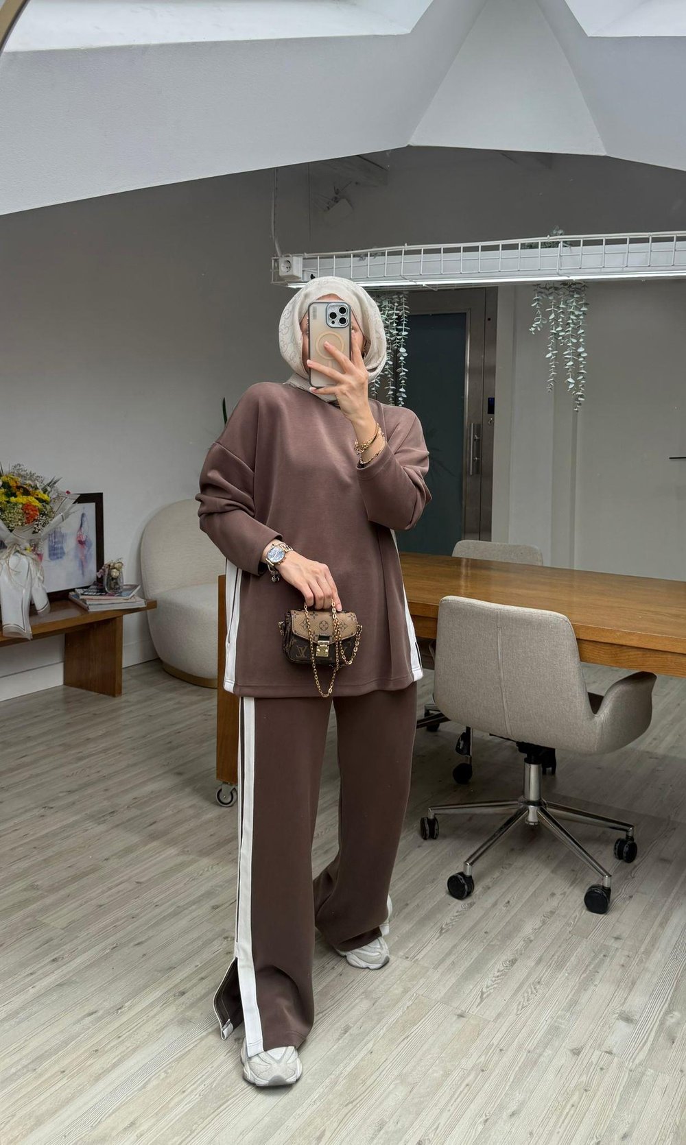 Yan Şeritli Oysh Modal Takım Kahverengi
