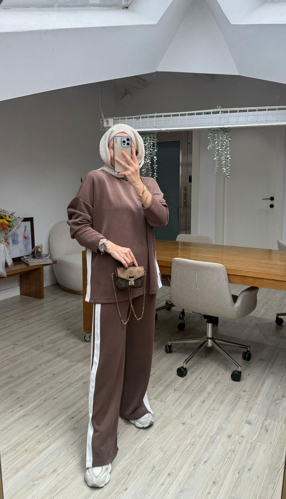 Yan Şeritli Oysh Modal Takım Kahverengi