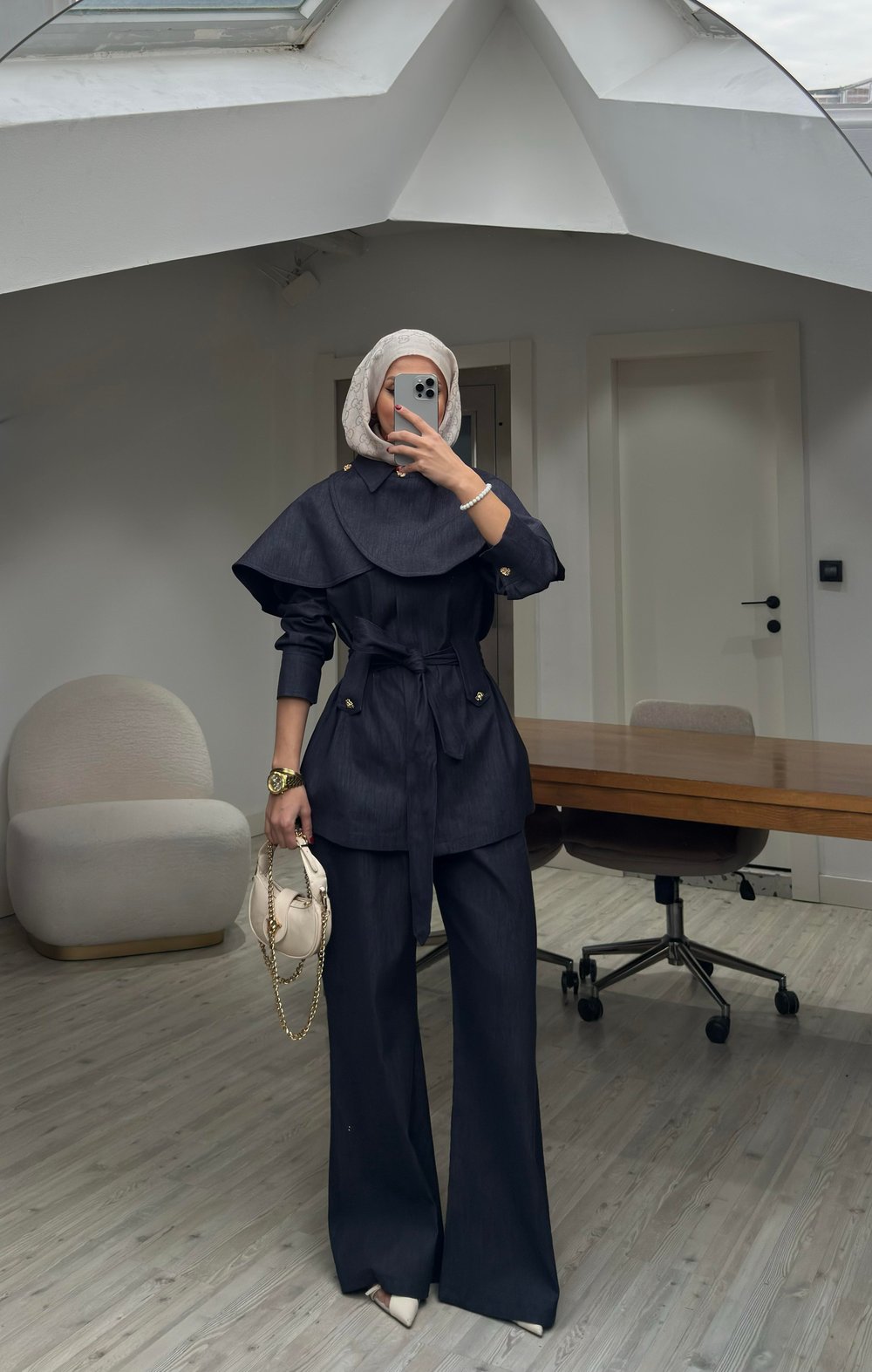 Yeni Sezon Pelerinli Denim Tasarım Takım Lacivert 