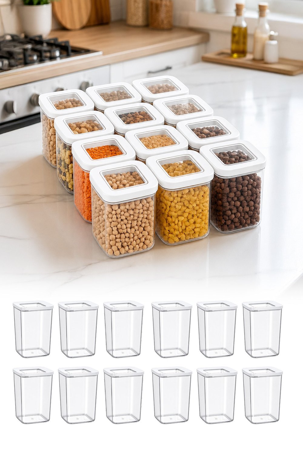 12'li Vakumlu Kare Saklama Kabı Seti 1000 ML Şeffaf Kapaklı Gıda Erzak Saklama Kutusu VP-314