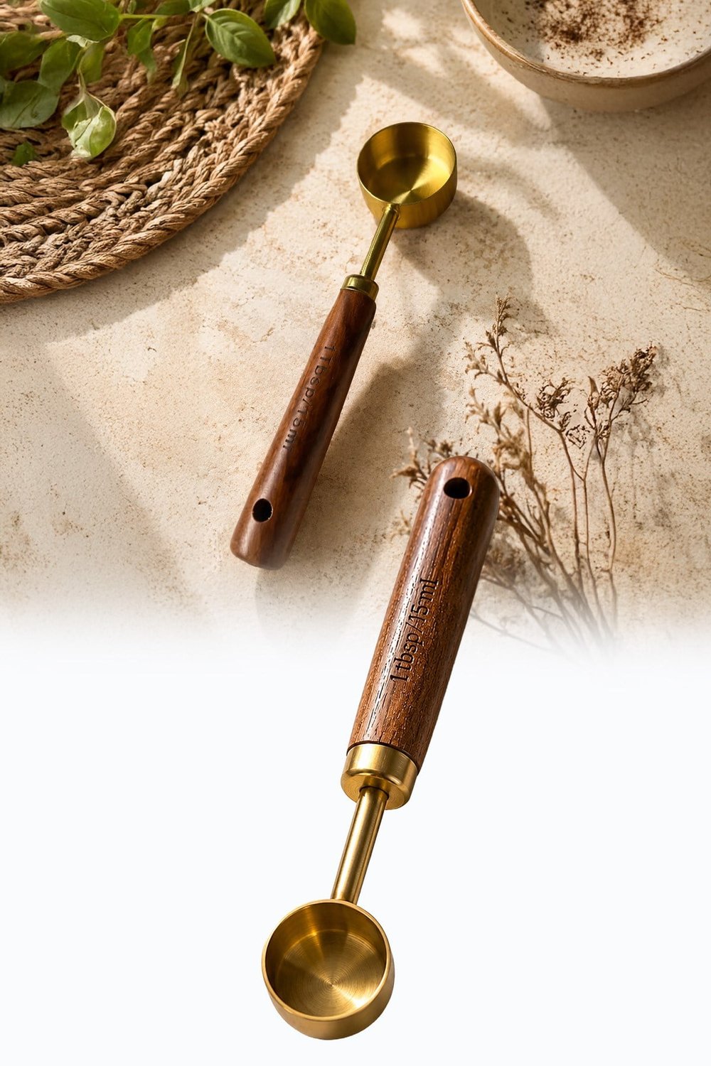 15 ml Ahşap Saplı Gold Kahve Ölçü Kaşığı Paslanmaz Çelik Kahve Çay Mama Ölçme Kaşığı 