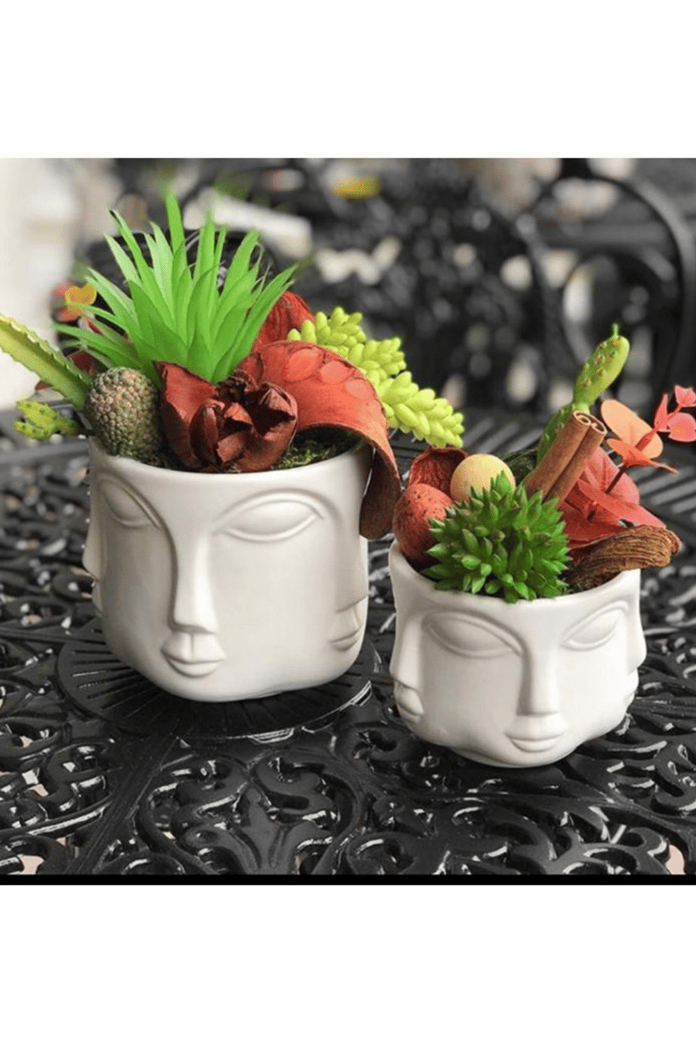 2 Li Havelka Buddha Suratlı Beyaz Boyalı Dekoratif Saksı Vazo Set