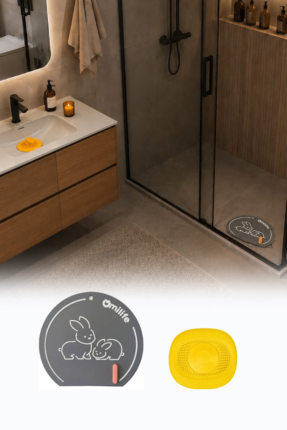 2'li Gri Silikon Gider Kapağı Tavşan Model Koku Önleyici Süzgeçli Banyo Mutfak Seti