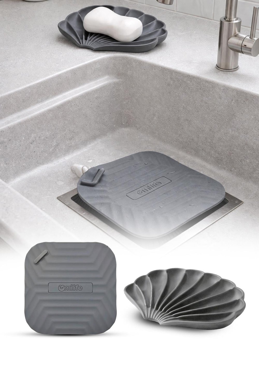 2'li Gri Silikon Gider Kapağı ve İstiridye Sabunluk Seti Su Giderli Banyo Mutfak Organizer