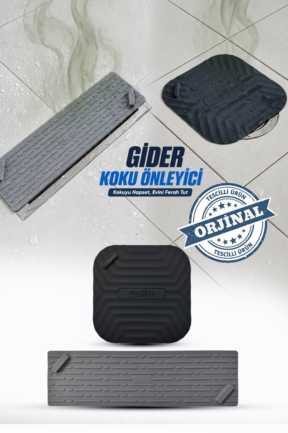 2'li Gri Uzun ve Siyah  Kare Silikon Gider Matı Koku Önleyici Banyo Mutfak Balkon Kapak Seti