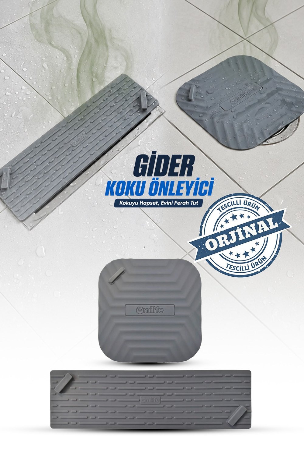 2'li Set Gri Uzun ve Gri Kare Silikon Gider Kapağı  Koku Önleyici Banyo Mutfak Gider Tıkacı