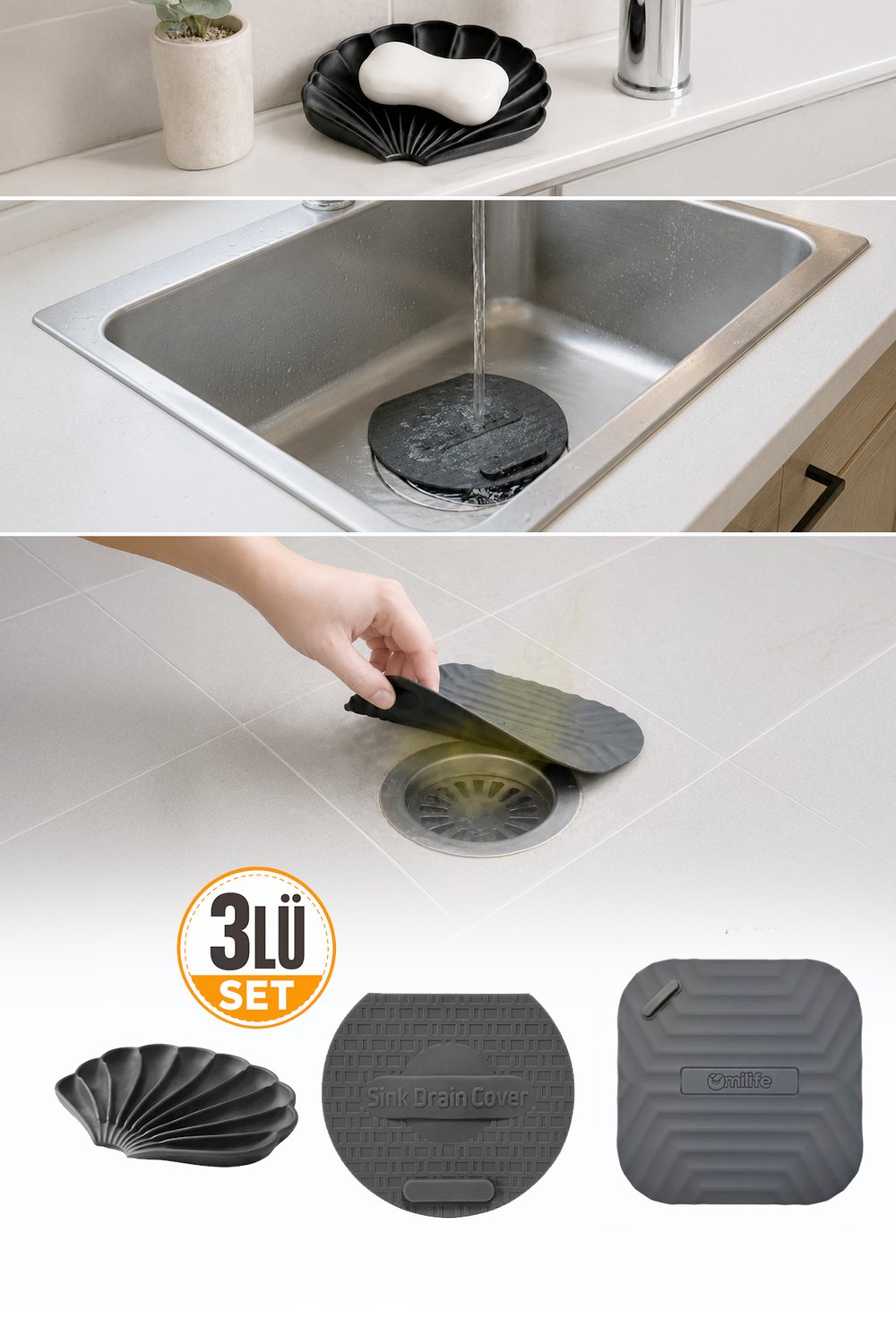 3'lü Gri Silikon Gider Kapağı Sabunluk Evye Süzgeci Seti Banyo Mutfak Koku Önleyici