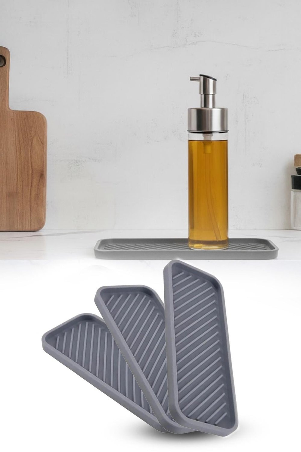 3'lü Gri Silikon Tezgah Altlığı Yağdanlık Sabunluk Organizer Kaymaz Sunumluk 23x10 cm