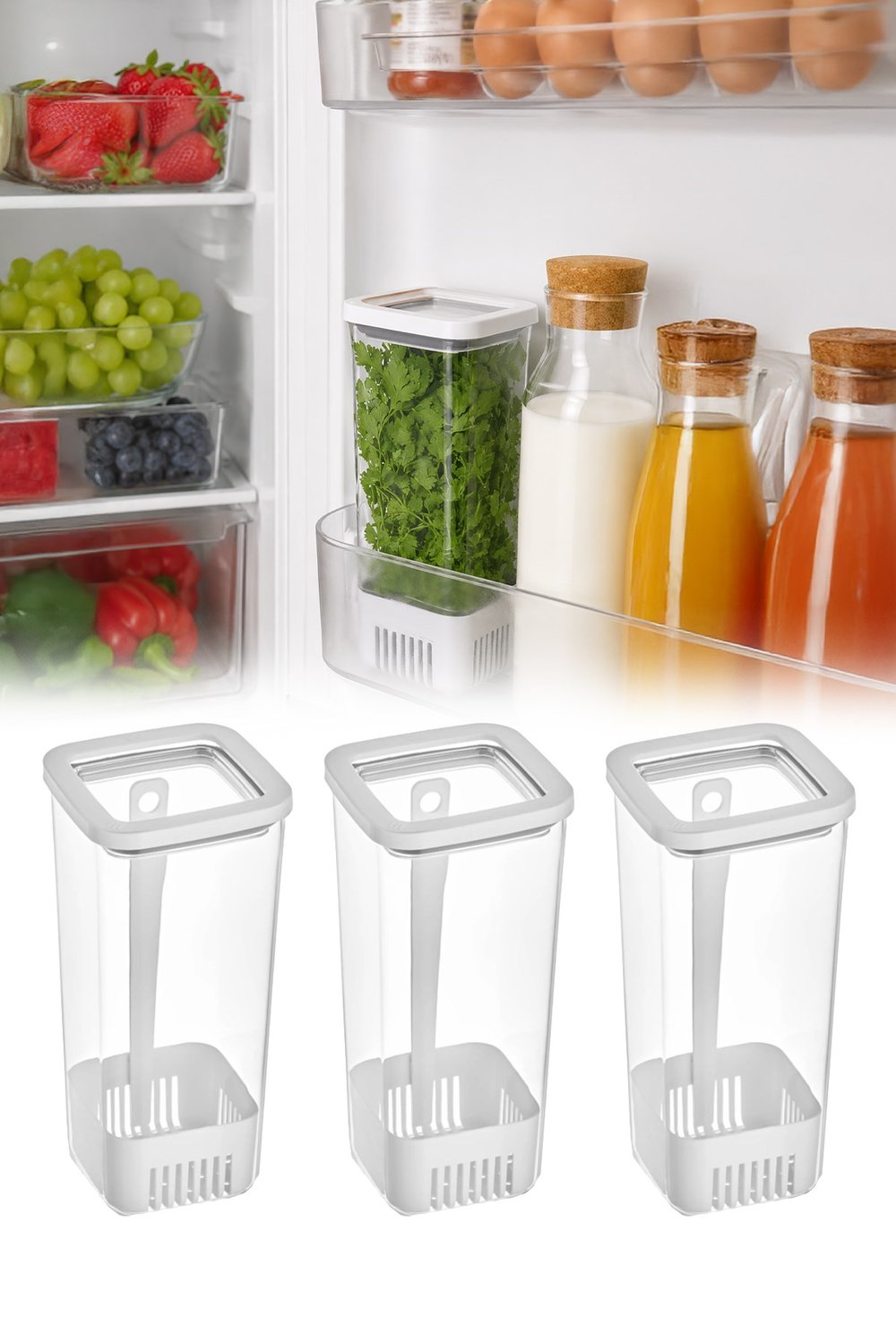 3'lü Kare Yeşillik Saklama Kabı 1700 ML Kapaklı Marul Maydanoz Taze Ot Saklama Kutusu VP-007