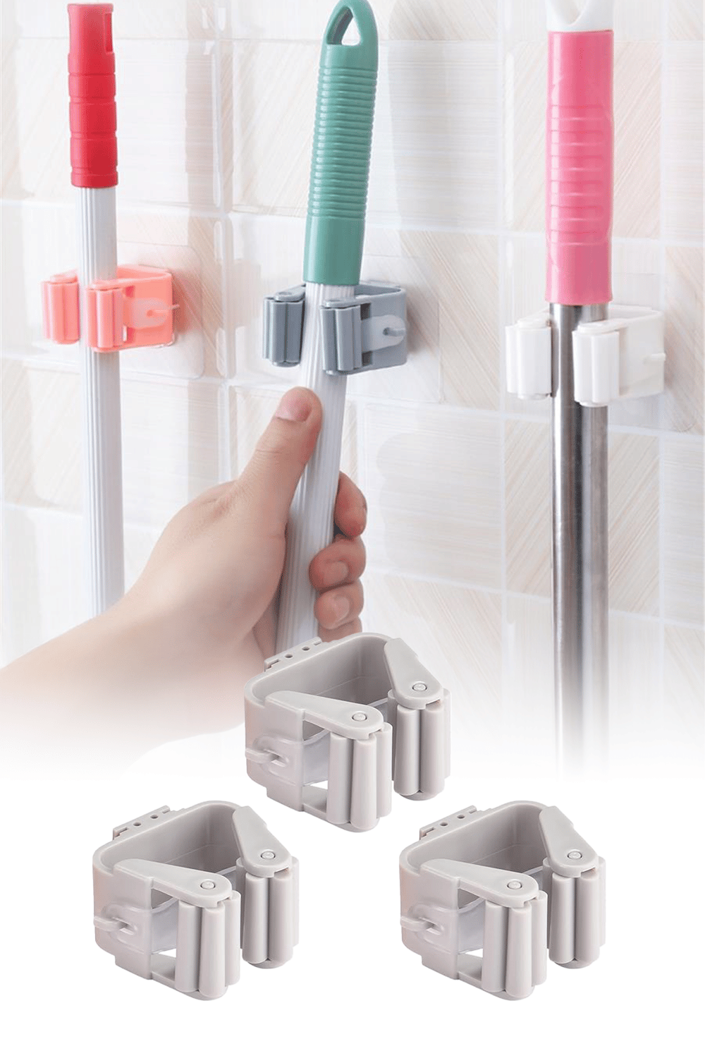 3'lü Yapışkanlı Mop Askısı Süpürge Paspas Tutucu Duvar Organizer Askı Seti