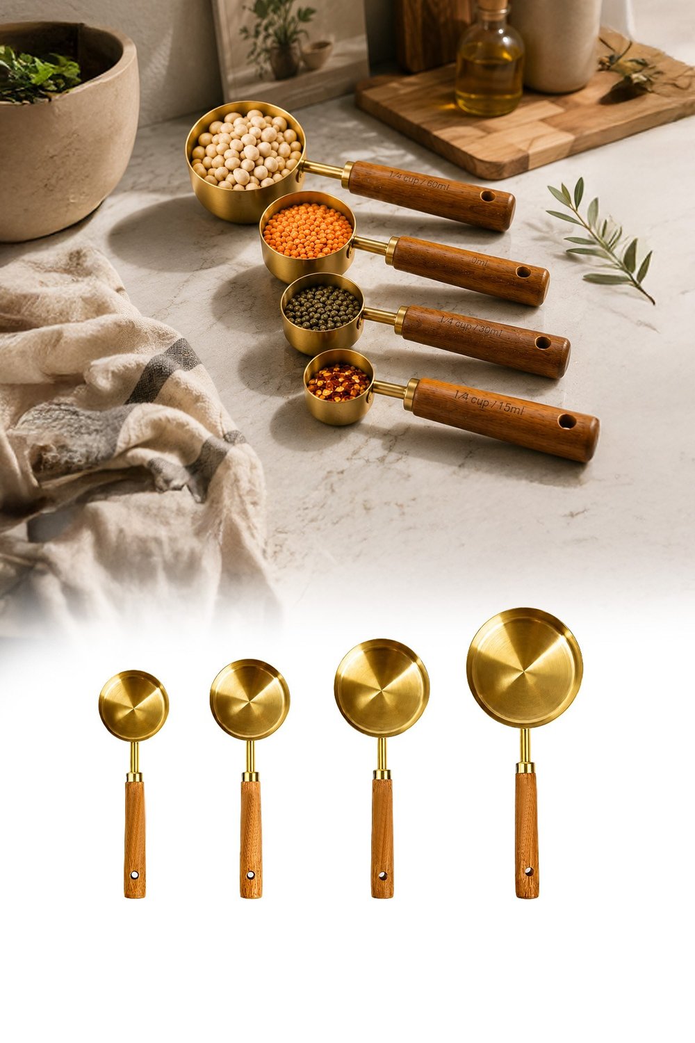 4lü Set ml Ahşap Saplı Gold Kahve Ölçü Kaşığı Paslanmaz Çelik Kahve Çay Mama Ölçme Kaşığı 