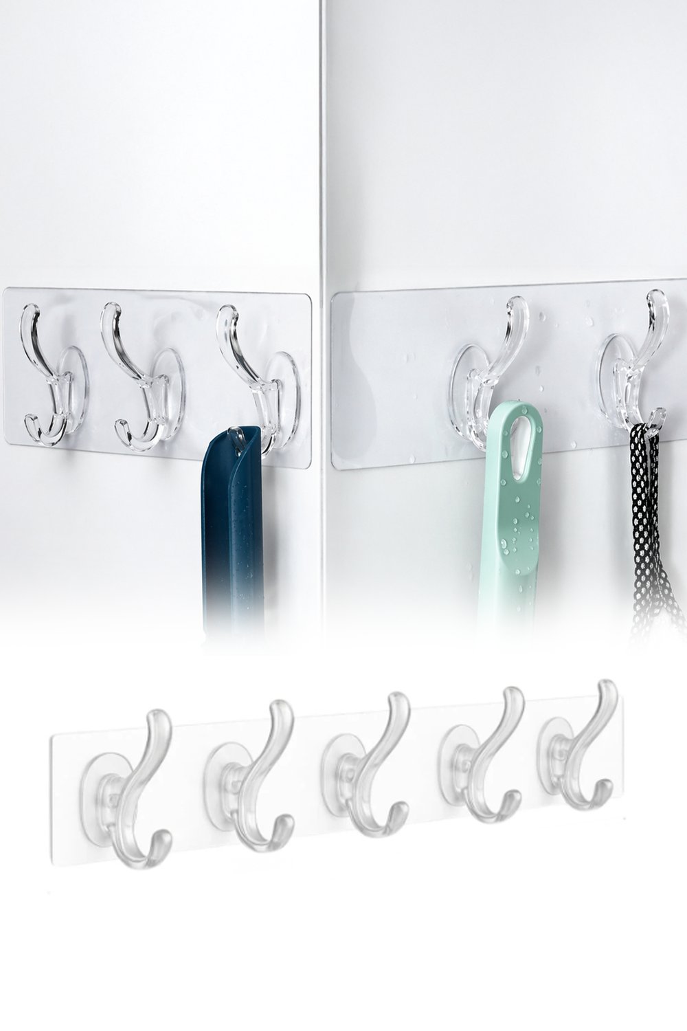 5 Kancalı Şeffaf Yapışkanlı Organizer Askı Mutfak Banyo Duvar Düzenleyici 35 cm