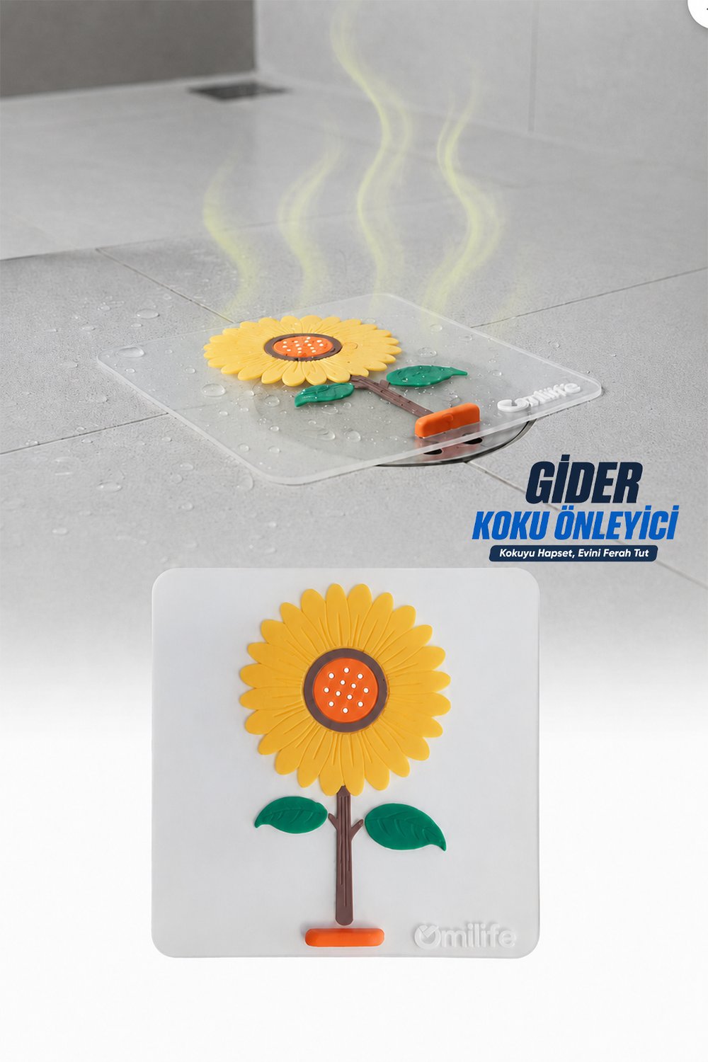 Ayçiçeği Kare Silikon Kötü Koku Önleyici Gider Kapağı – Banyo, Mutfak, Balkon Lavabo Tıpası 14,5x14,5 cm