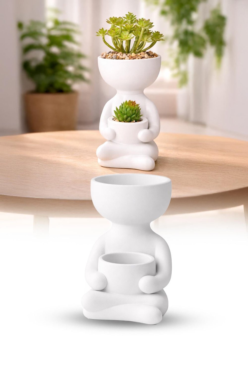 Beyaz Yoga Figürlü Dekoratif Saksı Meditasyon Temalı Sukulent Saksısı Bitki Kabı 15 cm