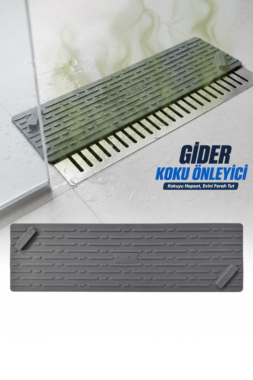Gri Uzun Silikon Gider Kapağı Koku Önleyici Lavabo Banyo Mutfak Balkon Gider 37x11 cm