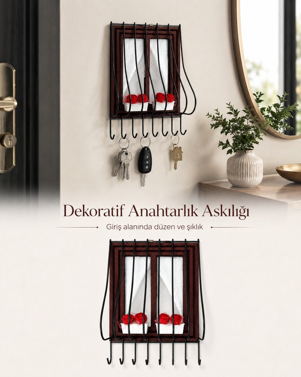 Kahverengi Ahşap Pencere Tasarımlı Duvar Tipi Anahtarlık Anahtar Askılığı Dekoratif Organizer