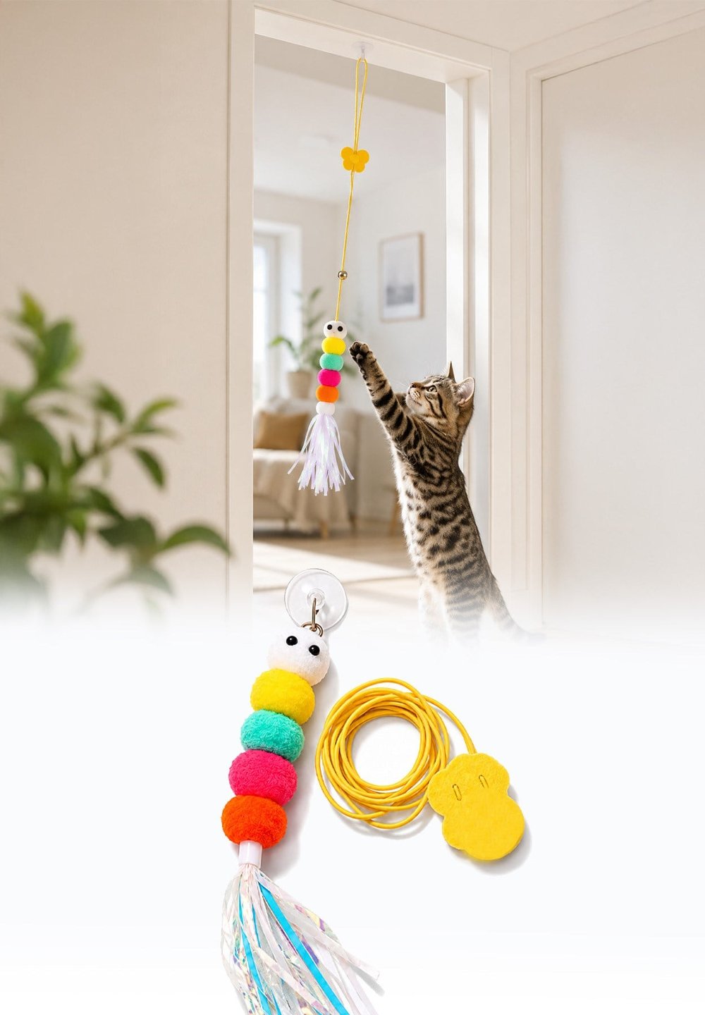 Kedi Oyuncağı Kapıya Asılan Zilli İnteraktif Kedi Oltası Vantuzlu Esnek İpli Oyuncak