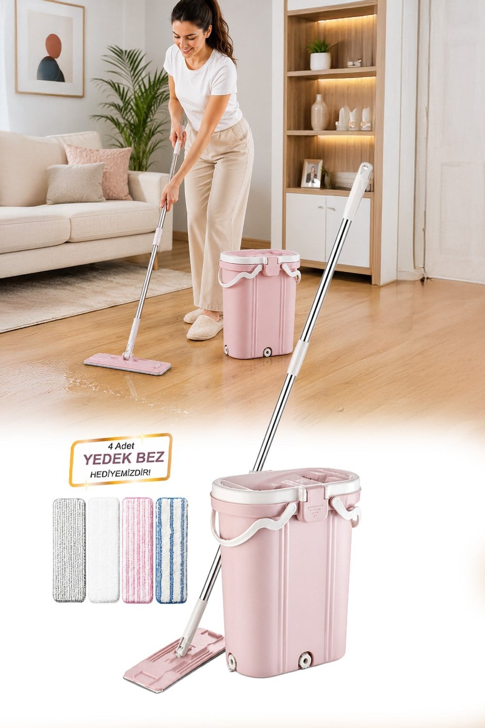 Kovalı Mikrofiber Mop Temizlik Seti + HEDİYE 4'lü Yedek Mikrofiber Bez – VP-500-611