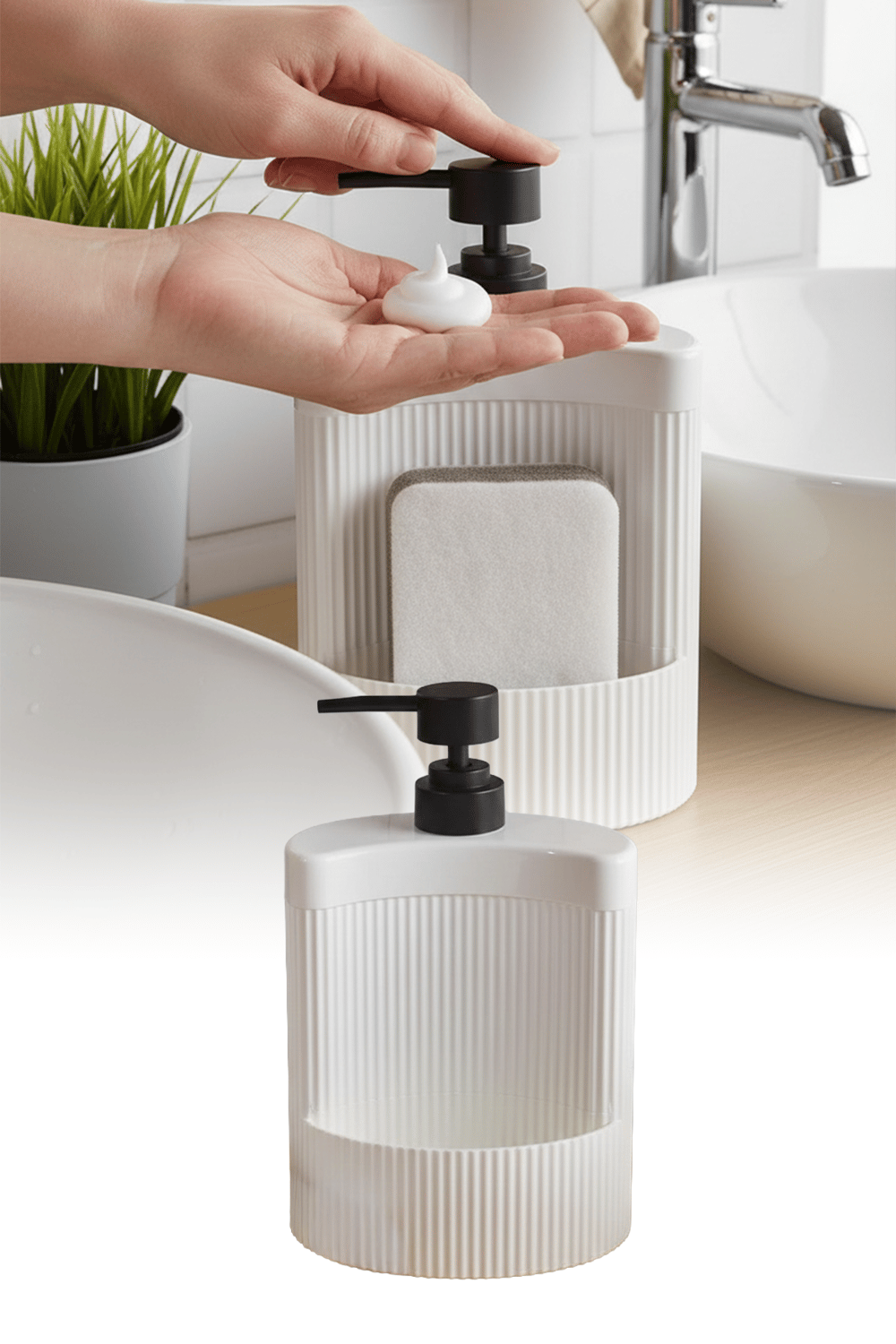 Oval Sıvı Sabunluk Sünger Hazneli Pompalı Mutfak Banyo Organizer Şık Tasarım