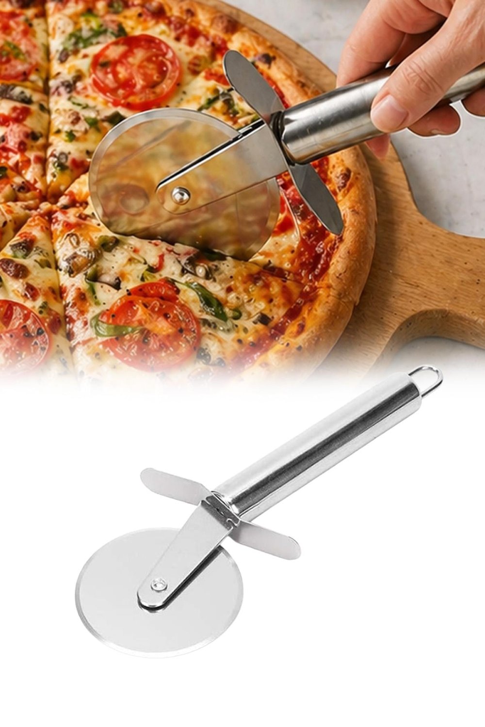 Pizza Kesici Paslanmaz Çelik Metal Saplı Yuvarlak Bıçak Dilimleme Aparatı Ergonomik