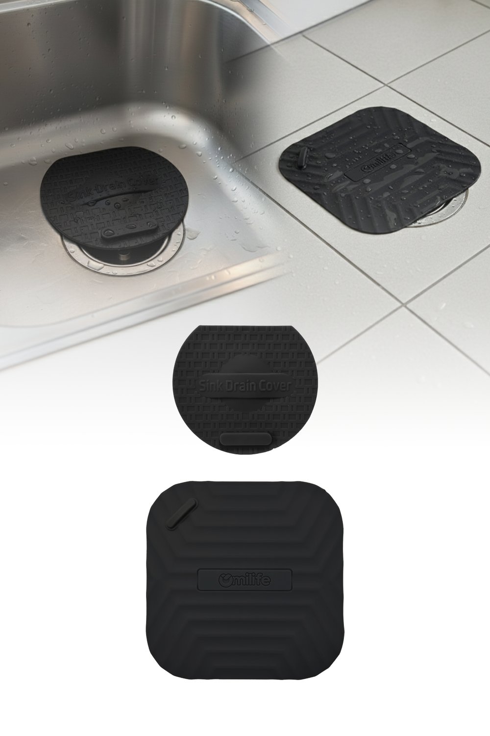 Siyah Kare ve Siyah Evye  Silikon Gider Kapağı 2'li Set  Koku Önleyici Banyo Mutfak Gider Tıkacı