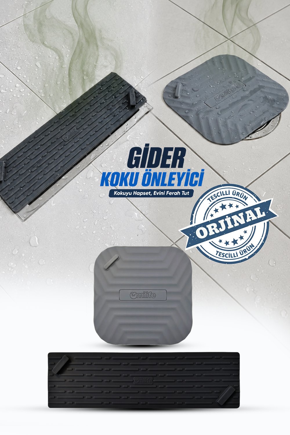 Siyah Uzun ve Gri Kare Tasarımlı Koku Önleyici Silikon Gider Kapakları Banyo Mutfak ve Balkon İçin 2li Şık ve Hijyenik Gider Seti