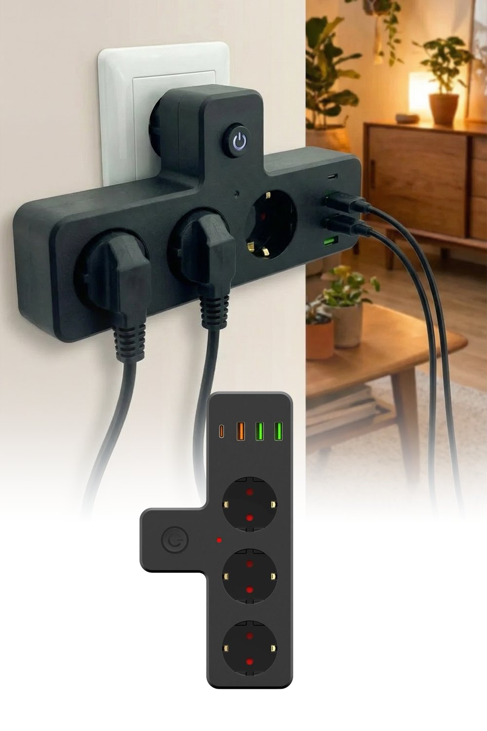 Termal Akım Korumalı Soket Priz Çoğaltıcı Kablosuz Çoklayıcı 2500W 3xUSB 2.4A 1xType-C