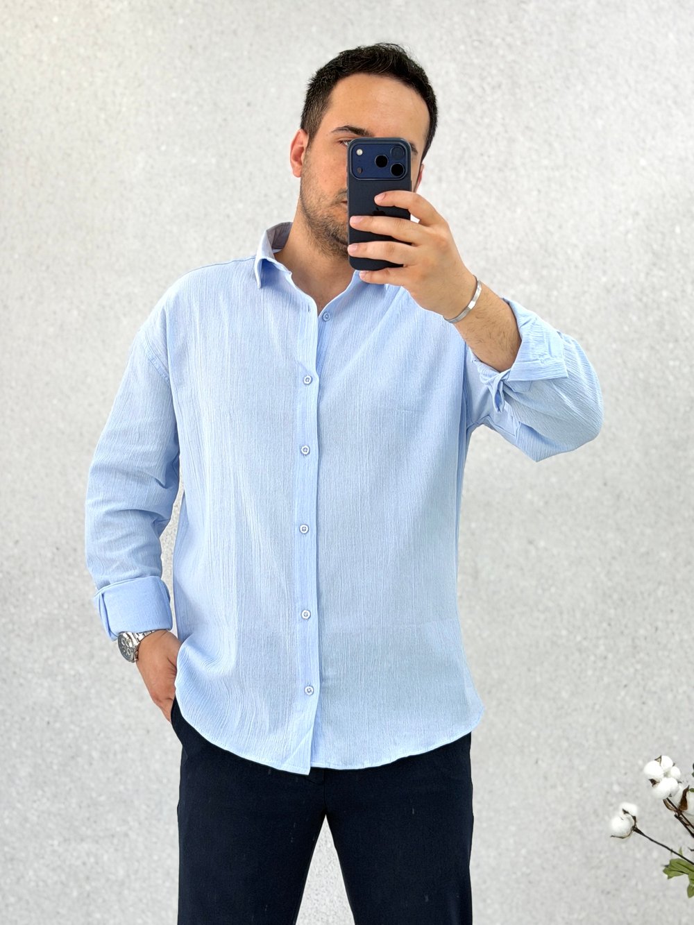 Açık Mavi Krinkıl Oversize  Gömlek G0019