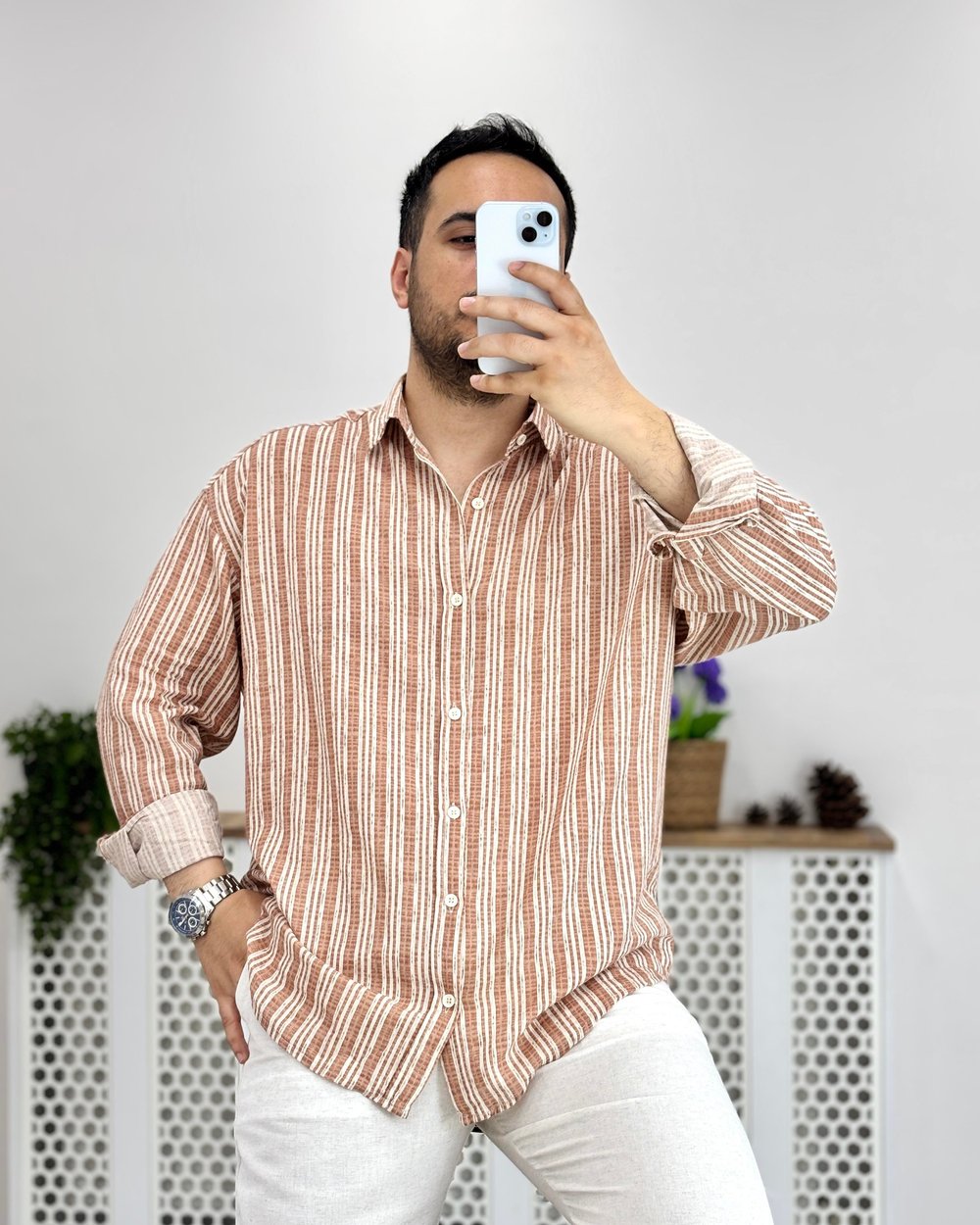Bej Turuncu Çizgili Oversize Pamuk Gömlek G0029