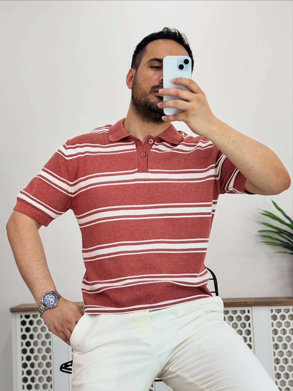 Beyaz Çizgili Kremit Örme Tshirt T0018
