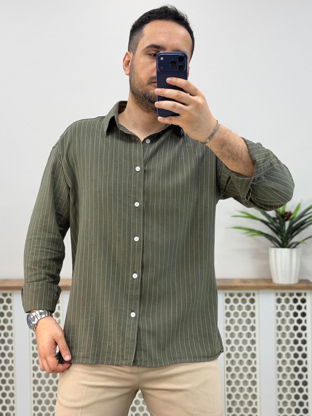 Estilo Haki Oversize Çizgili Pamuk Gömlek G0036