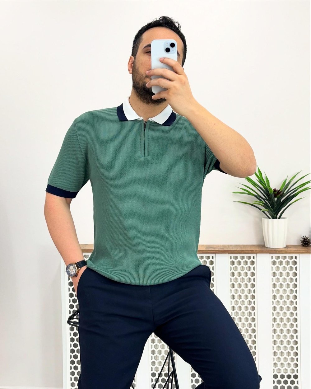 Fermuarlı Çizgili  Polo Yaka Yeşil Triko T0004