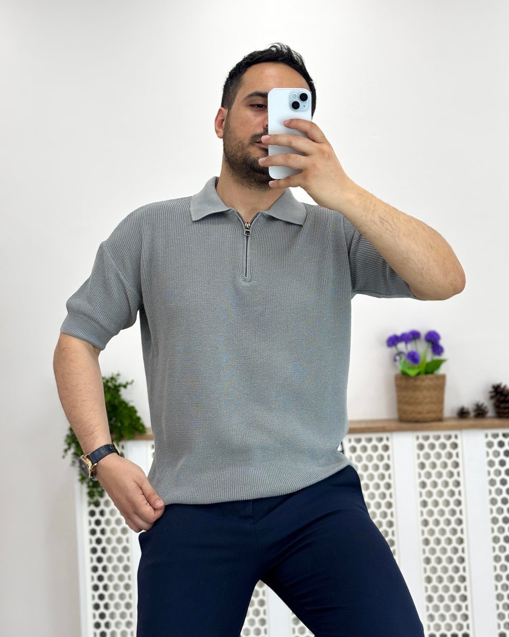 Gri Polo Yaka Oversize Triko Tshirt T0016