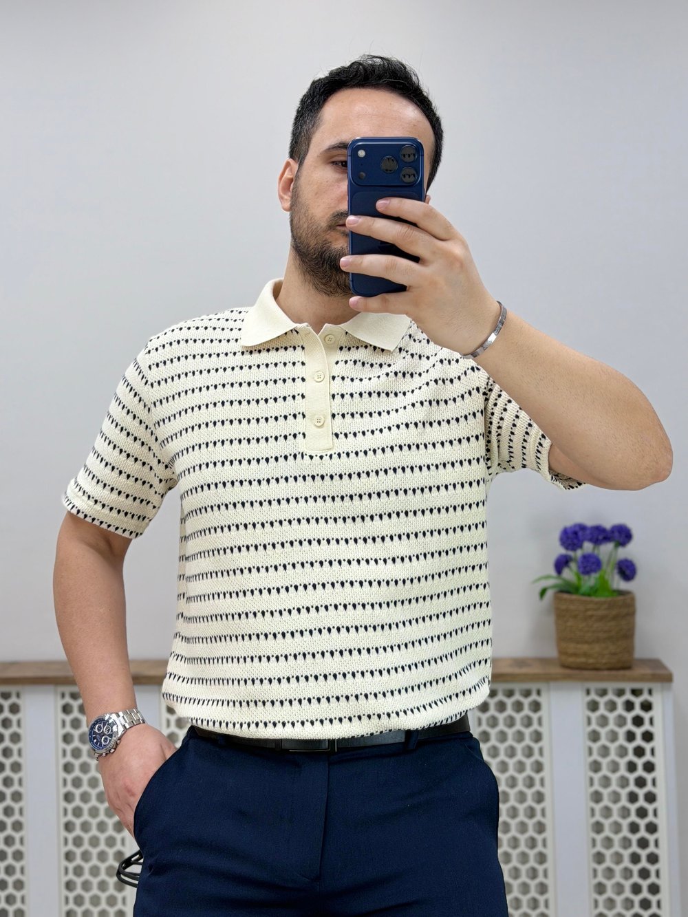 Krem Polo yaka Örme T-shirt T0021