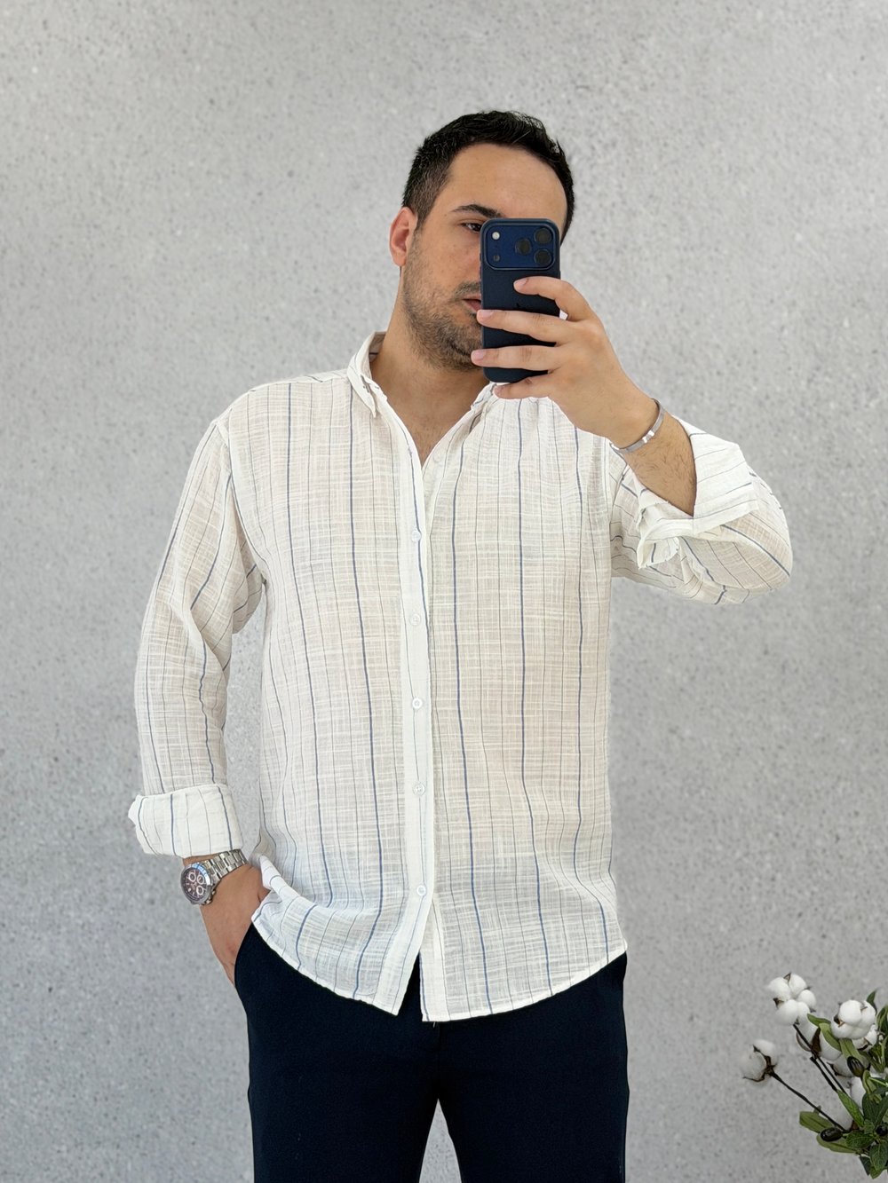 Mavi Çizgili Regular Kalıp Pamuk Gömlek G0049