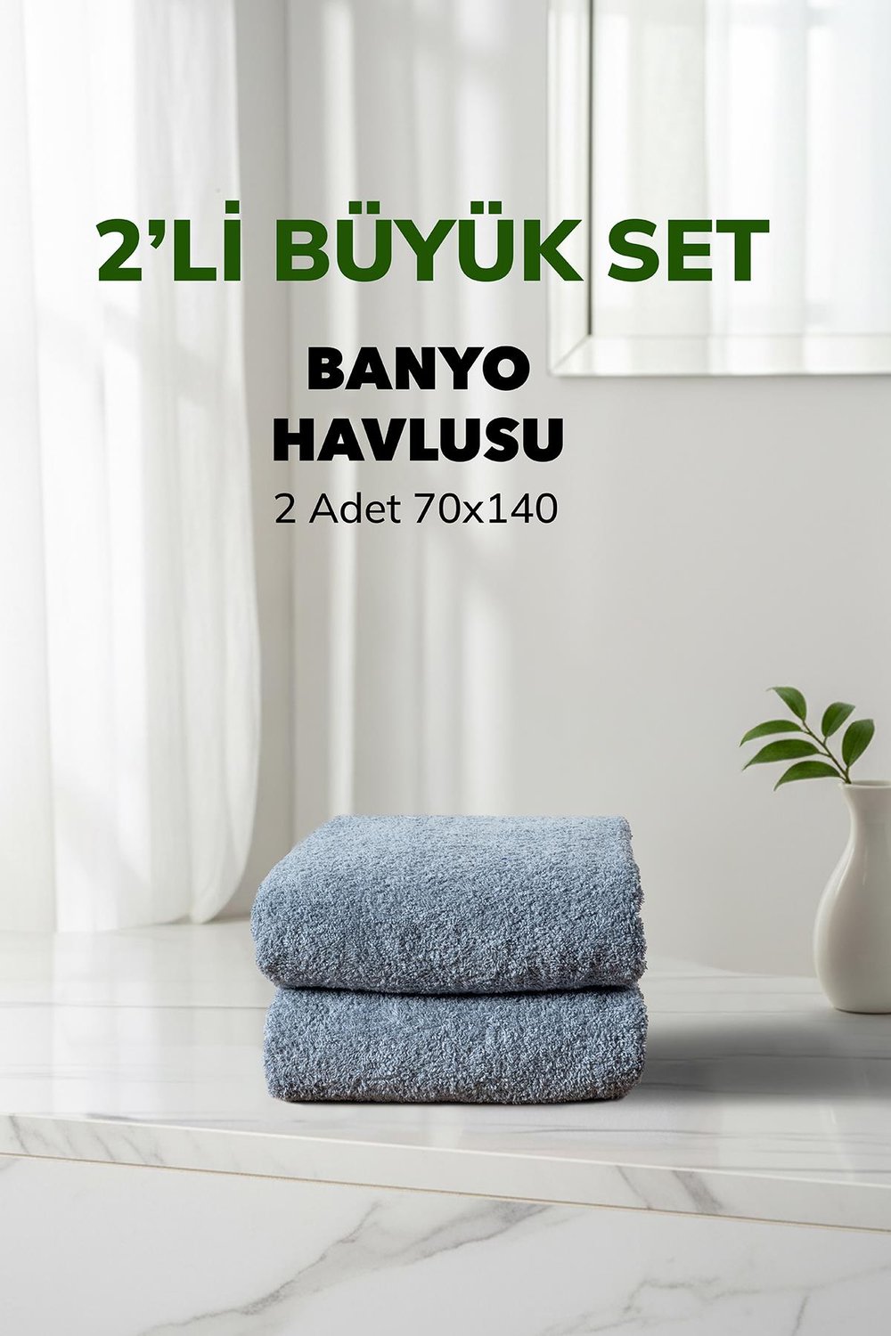 2 li Kareli Mavi Renk Yumuşak Pamuk Banyo Havlu Seti 70x140 cm
