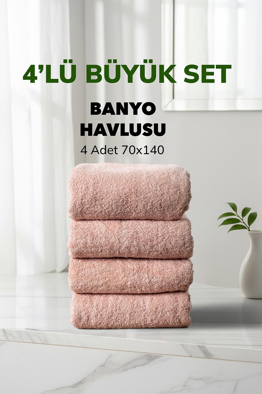 2 li Kareli Pudra Renk Yumuşak Pamuk Banyo Havlu Seti 70x140 cm
