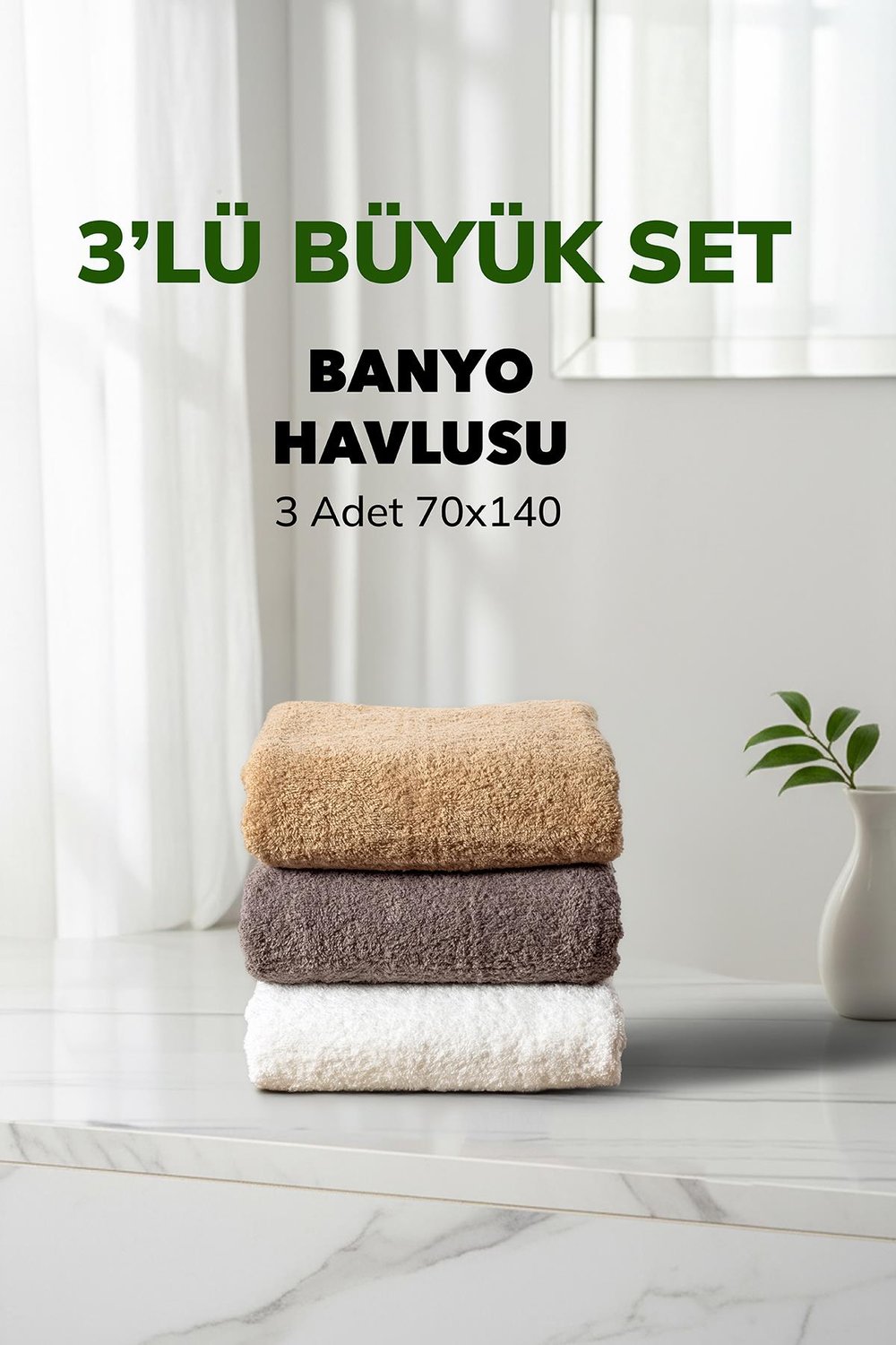 3 lü Kareli Havlu Takımı Bej Beyaz Fume Kahve Yumuşak Pamuk Banyo Havlu Seti 70x140 cm