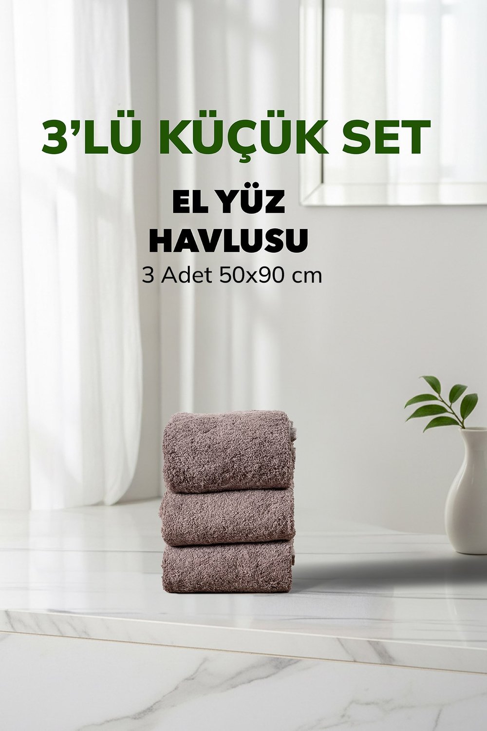 3 lü Çizgili Gri Renk Yumuşak Pamuk El Yüz Havlu Seti 50x90 cm