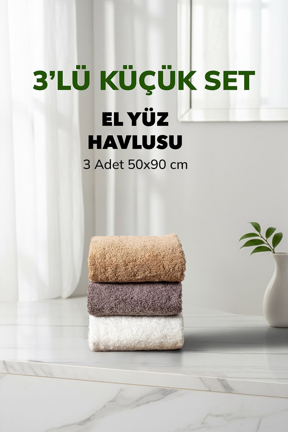 3 lü Çizgili Havlu Takımı Bej Beyaz Fume Kahve Yumuşak Pamuk El Yüz Havlusu 50x90 cm