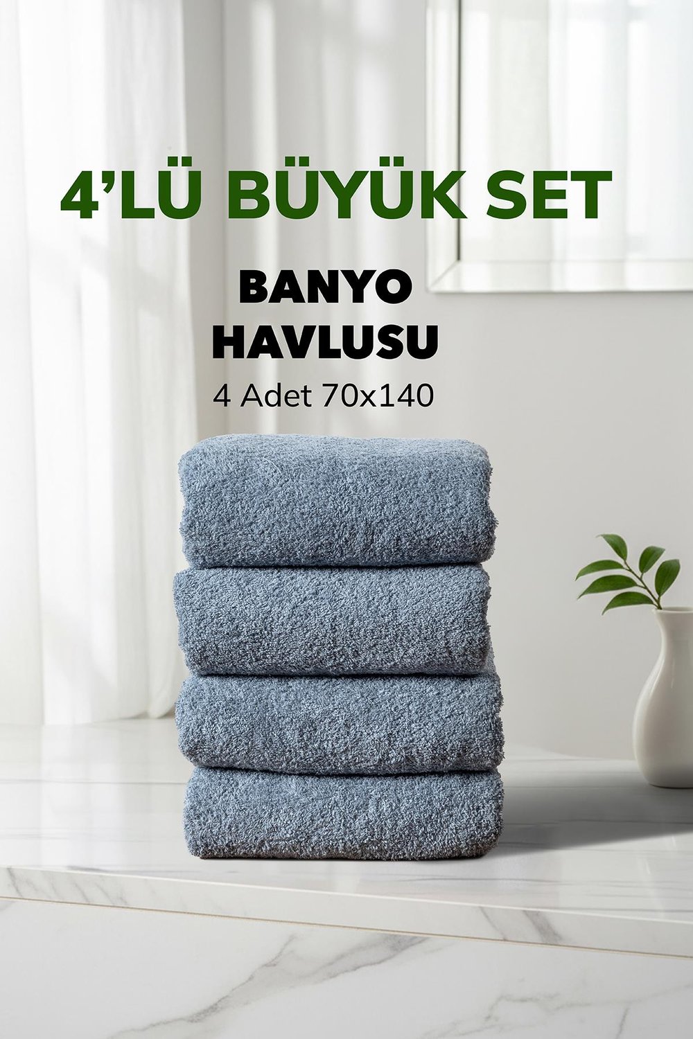 4 lü Çizgili Mavi Renk Yumuşak Pamuk Banyo Havlu Seti 70x140 cm
