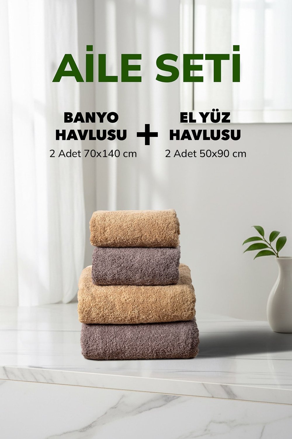 4 lü Çizgili Fume Kahve Bej Aile Seti Yumuşak Pamuk El Yüz Banyo Havlu Seti 50x90 cm 70x140 cm