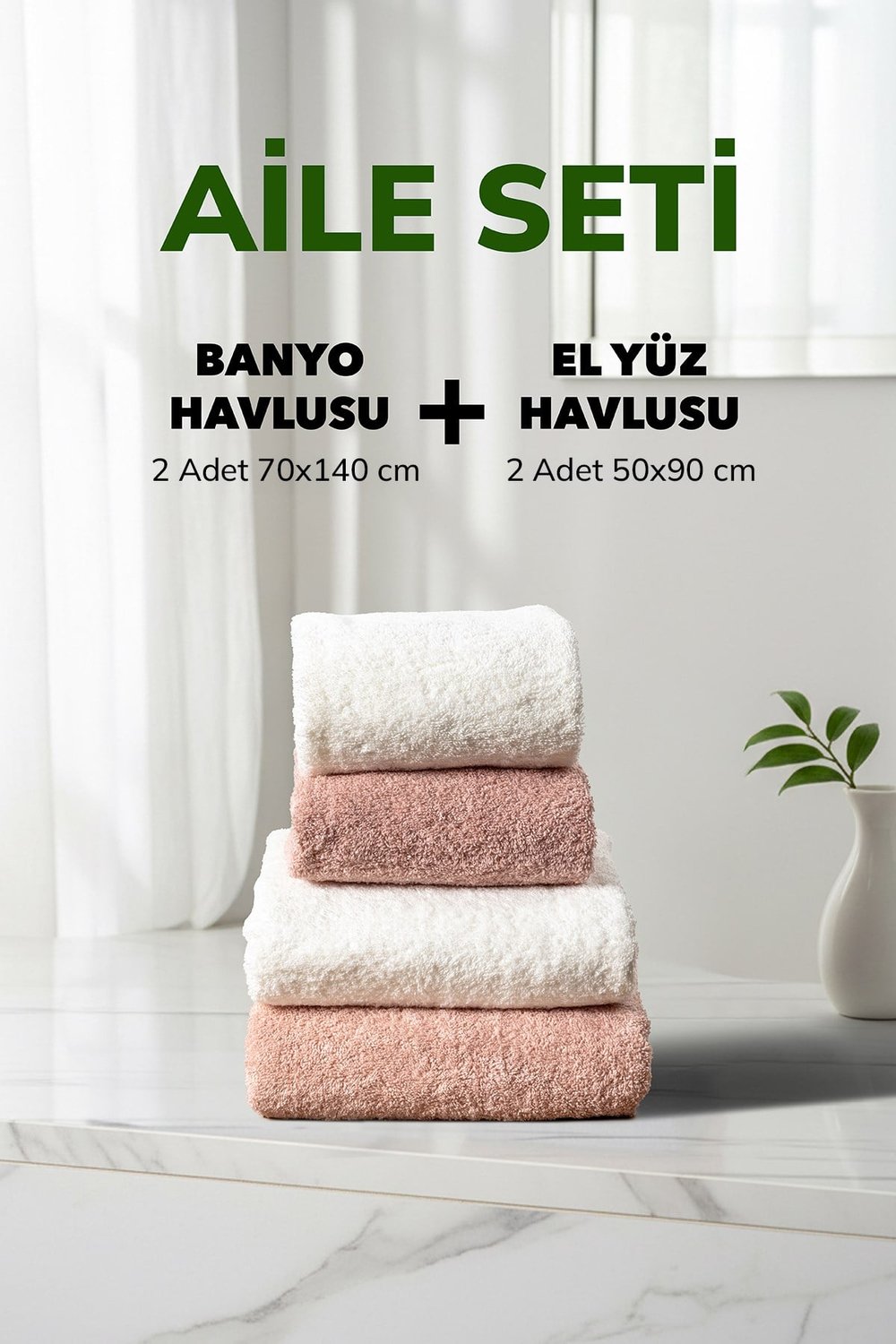 4 lü Çizgili Pudra Beyaz Aile Seti Yumuşak Pamuk El Yüz Banyo Havlu Seti 50x90 cm 70x140 cm