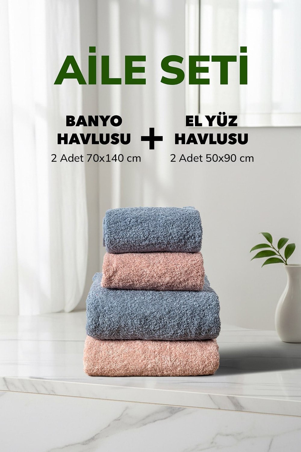 4 lü Çizgili Pudra Mavi Aile Seti Yumuşak Pamuk El Yüz Banyo Havlusu 50x90 cm 70x140 cm