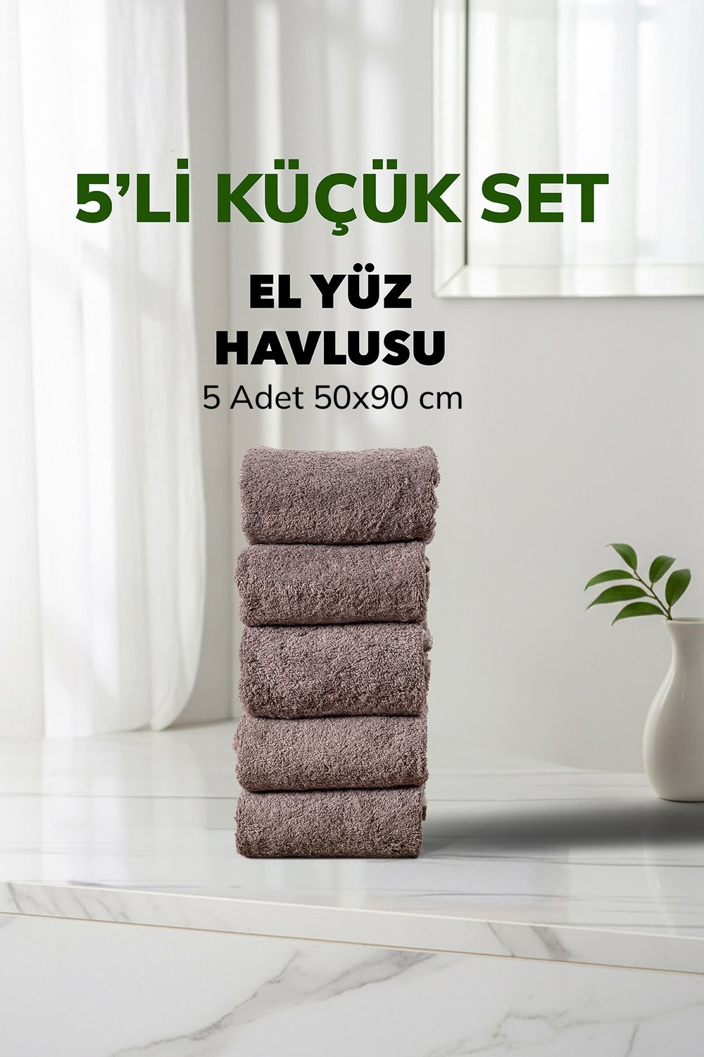 5 li Çizgili Gri Renk Yumuşak Pamuk El Yüz Havlu Seti 50x90 cm